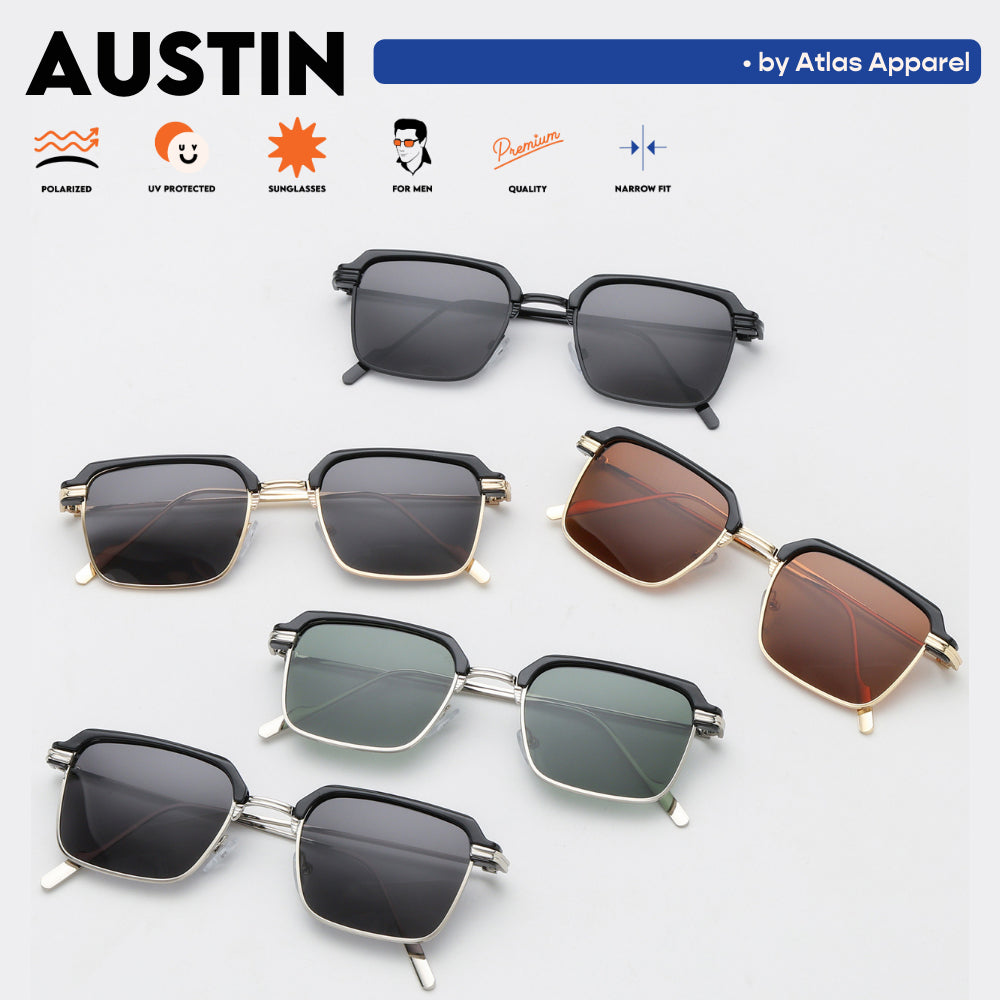 AUSTIN Men's Polarized Square Sunglasses (Size 49) - UV Protection, Medium Fit