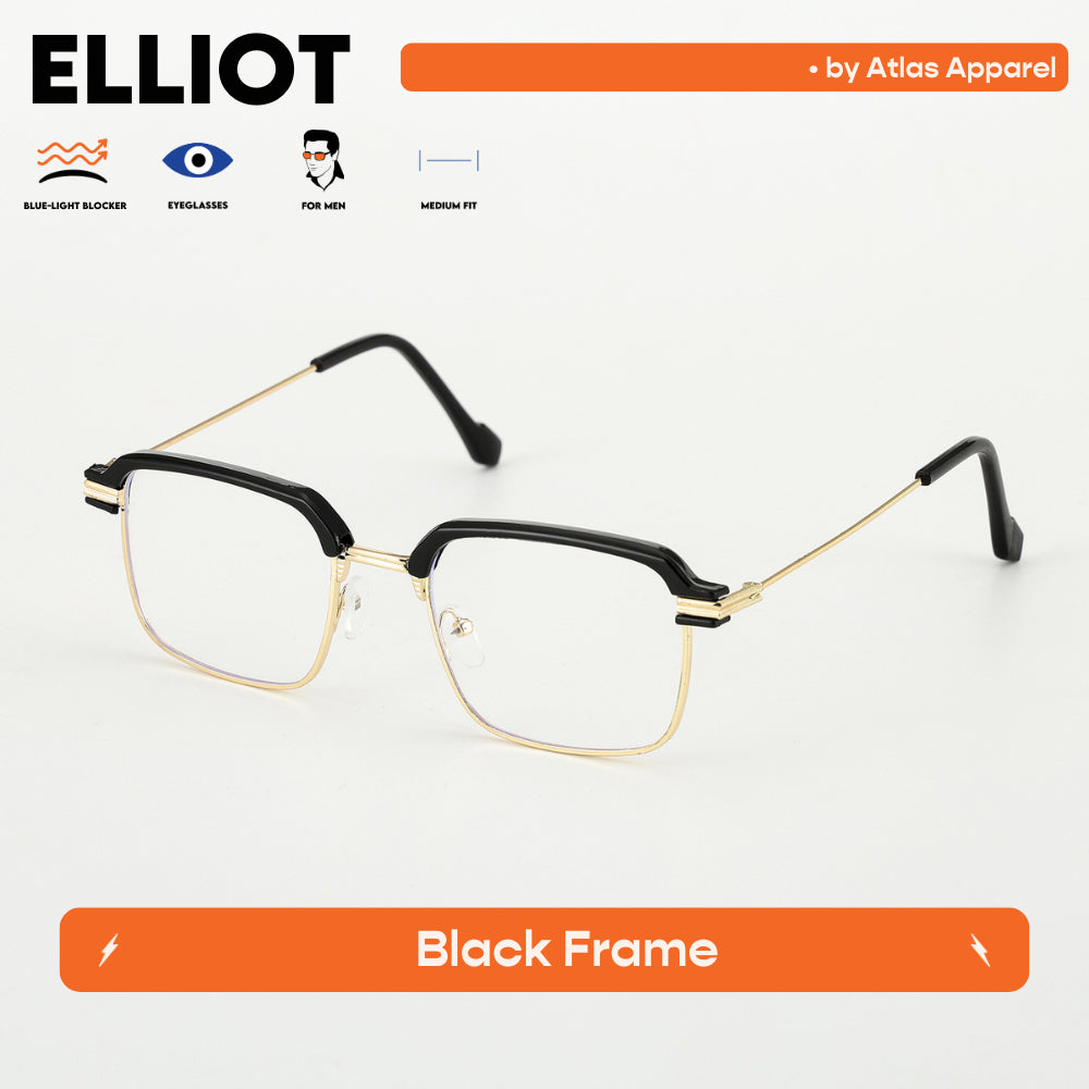 ELLIOT Mens Anti-Radiation Blue Light Blocker Square Framed Eyeglasses (Size 51) by Atlas Apparel